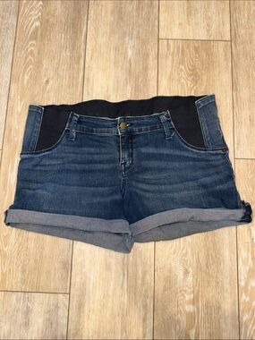 Isabel Maternity Dark Blue Denim Shorts with Black Waist Panel